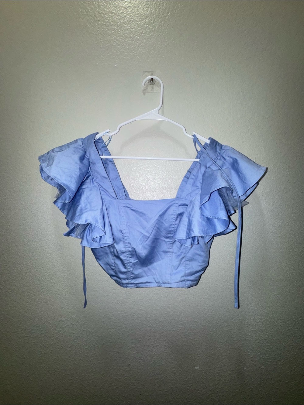 MARBLE Light Blue Ruffle-Sleeve Crop Top